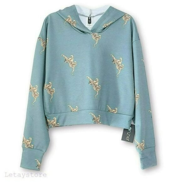 NWT ONZIE Soft French Terry Crop Pale Cacti Tiger Hoodie - Picture 5 of 12